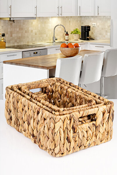 naturelove 3'Lü Örme Hasır Dikdörtgen Sepet Seti Organizer Düzenleyici