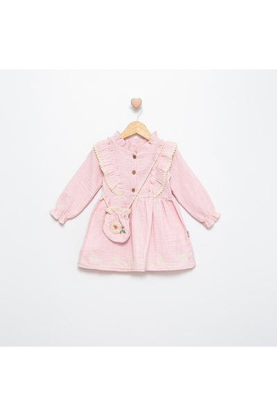 Nehirim Kids Kız Çocuk Çantalı Ve Dantelli Müslin Bezi Kışlık Pembe Bayramlık Elbise (2-3-4-5 YAŞ)