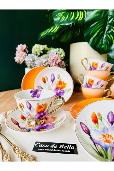 CASA DE BELLA Floral Bone Coffee Cup for 2 Persons (Orange)