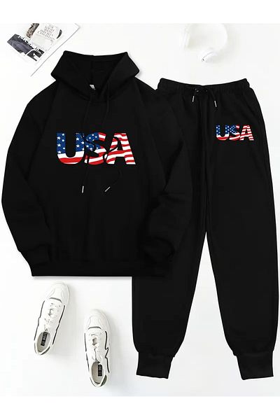 NEW TRENDY COLLECTİON Ежедневни панталони с щампа САЩ, суитшърт с дълъг ръкав и качулка