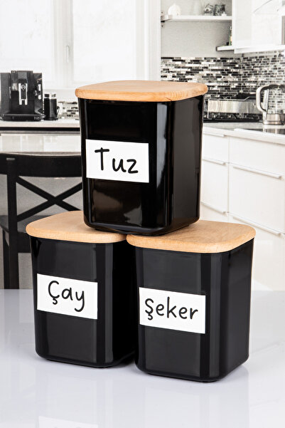 naturelove 3'lü Ahşap Vakumlu Kapaklı Kare Akrilik Çay Şeker Tuz Erzak Saklam...