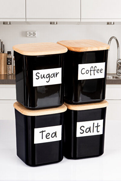 NYL HOME 4-Piece Wooden Vacuum Lid Square Tea Sugar Coffee Salt Food Storage ...