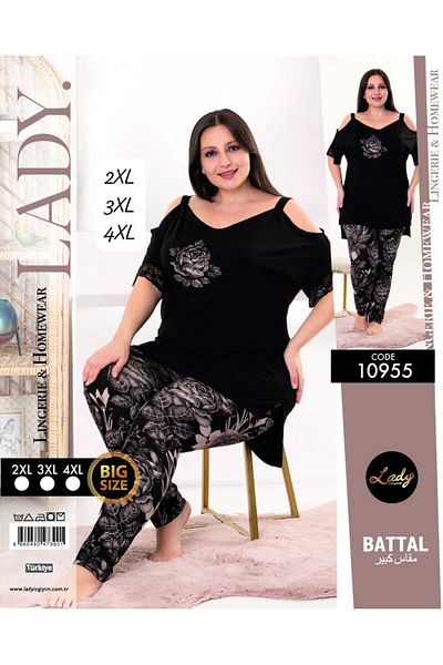 Lady Flower Patterned Plus Size Women's Pajama Set