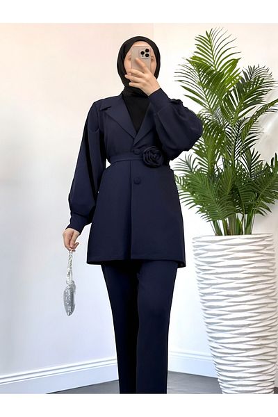 Modamorfo Double Breasted Collar and Rose Detailed Jacket and Trousers Set - Navy