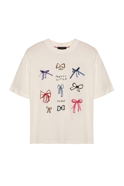 Quzu T-Shirt - Εκρού με φιόγκο και λεπτομέρεια στάμπα