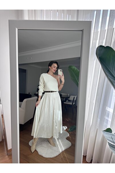 TUBA İNAN Women's Long Midi Ecru Skirt