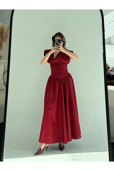 ForOre Red Vintage Draped Long Dress - Short Sleeve, Sitting with Waist, Wedding, Evening Dress, Graduation
