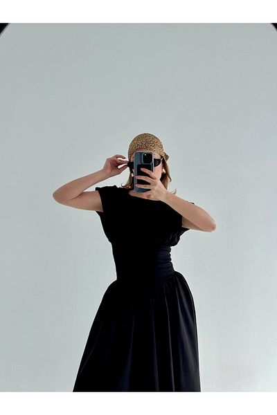 ForOre Black Vintage Drapely Style Short Sleeve Waisted Long Dress Wedding - Evening Dress - Grade