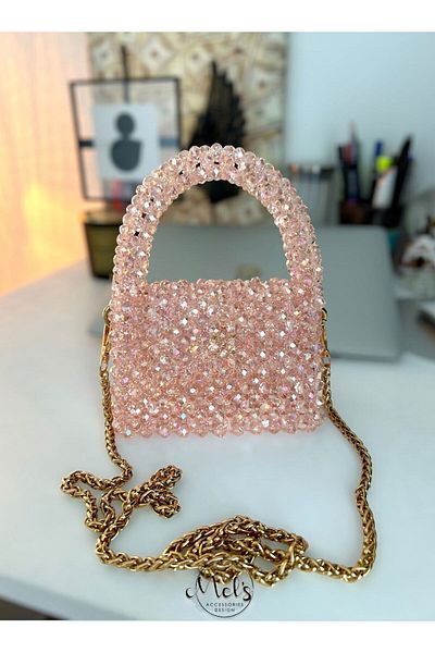 GÜLSEMALİ Shine Nude Pink Crystal Glass Beads Handmade Modern/Stylish Night/Daily Small Size Bag Model