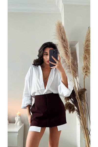 SANX Kadın Beyaz Oversize Bol Kesim Gömlek Uzun Kollu Düğmeli Günlük Casual B...