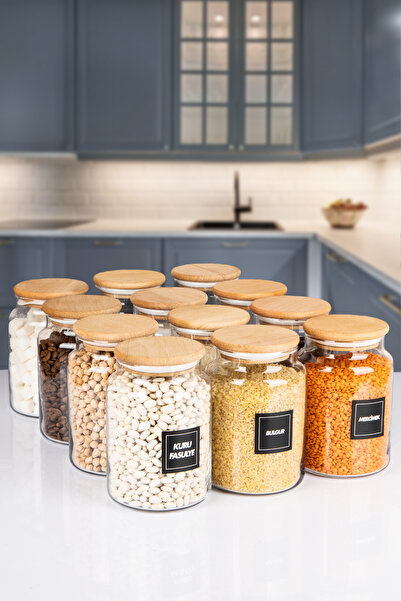 naturelove 12 li Ahşap Vakumlu Kapaklı 1000 Ml Erzak Saklama Kavanozu