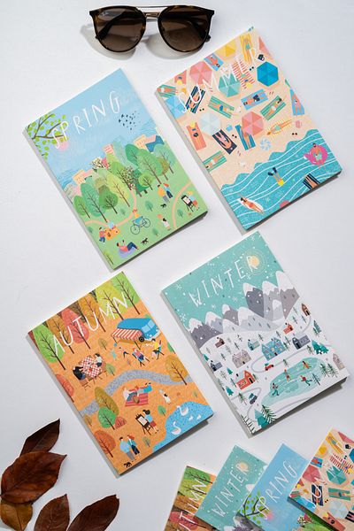 Fly Notes Set de 8 caiete de școală fără linii - 64 de coli, blocnotes 13x20 cm și 10x15 cm, seria Seasons