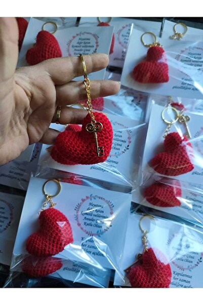 Tasarım 10 Adet Amigurumi Kırmızı Kalp  Anahtarlık Gold aparatlı Anneler günü...
