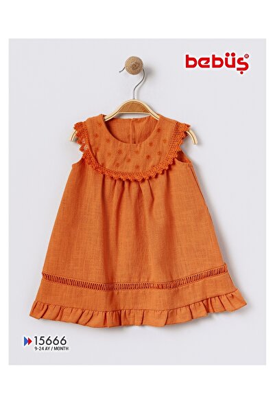 Bebüş Embroidery and Lace Detail Flared Cut Linen Fabric Brick Color Baby Girl Dress 15666