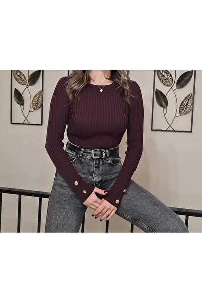 Butik Gold Düğme Detaylı Mürdüm Kazak