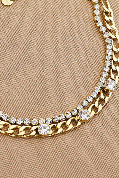 Keyifli Hayaller Suyolu Zirkon Taşlı Zincir 2li Kombin Zincir 316L Çelik Kararmaz Çelik Bileklik 18+5cm