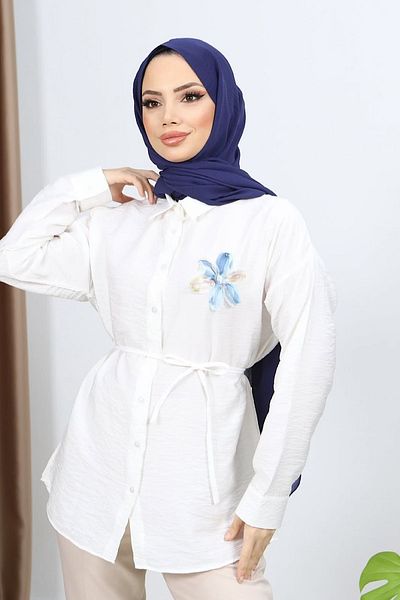HİFADEN Γυναικείο πουκάμισο Hijab με λουλουδάτο λεπτομερές κουμπιά και ζώνη