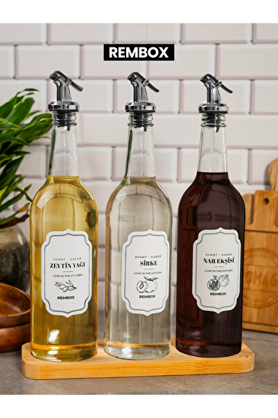 Rembox مجموعة مكونة من 3 قطع من زيت الزيتون والخل وعصير الرمان مع حامل خشبي وسدادة فضية وعاء زيت سعة 750 مل