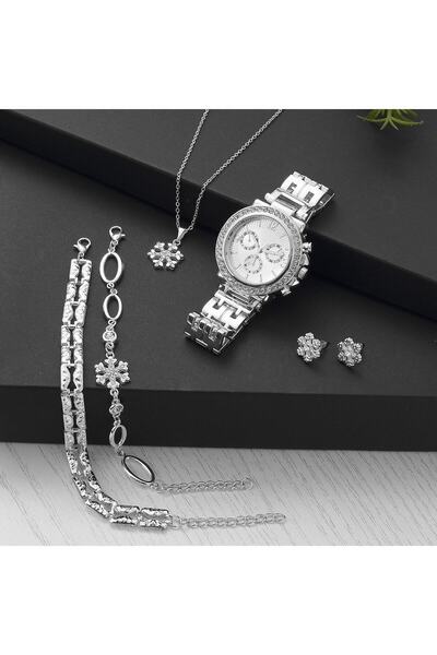 Arzu Butik Silver Color Women's Wristwatch & Necklace and Earring Combination Gift Set