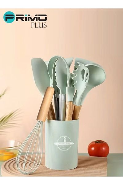 Primo Plus Silicone Utensils Set With Plastic Holder green