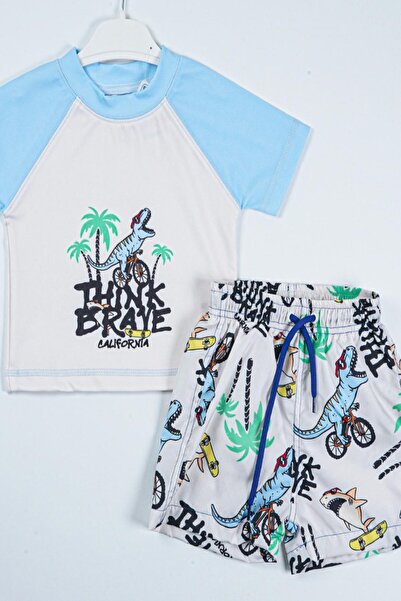 PODİUM GİYİM New Season Cute Dinosaur Printed Two Piece Diving Fabric -Uv Protection- Shorts-Men's Swimsuit