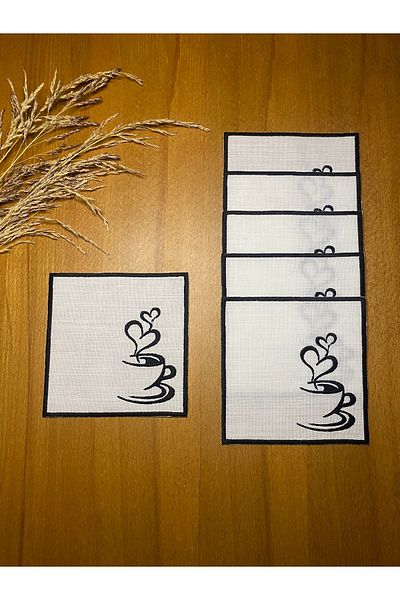 Smiling Home 6 Pieces Linen Black Color Embroidered Cappuccino Patterned Cocktail Presentation Napkin