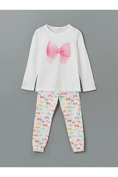 LC Waikiki Σετ πιτζάμες για κορίτσια με στάμπα LCW Kids White Crew Neck Bow