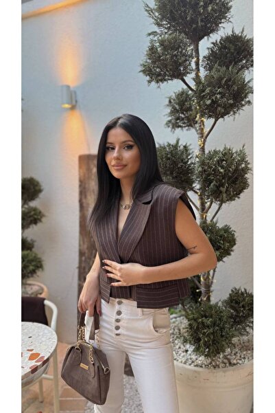 buqre's moda Women's Striped Pocket Cover Detailed Jacket Collar Vest