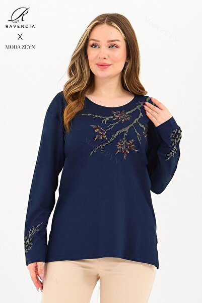 Ravencia Bluză din bumbac pieptănat din viscoză bleumarin - de vârstă mijlocie și peste, cu model de frunze și broderie cu pietre