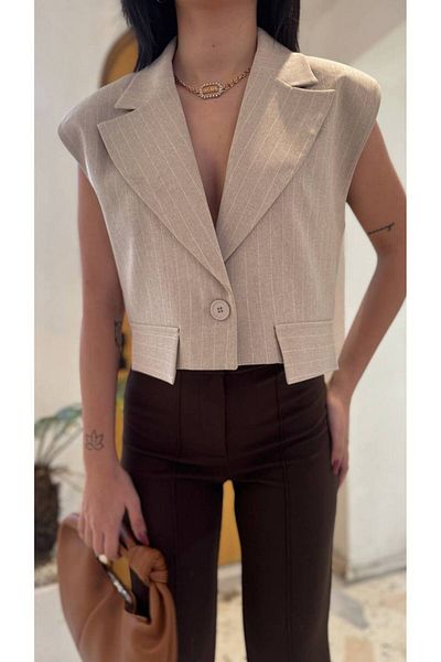 buqre's moda Women's Striped Pocket Cover Detailed Jacket Collar Vest