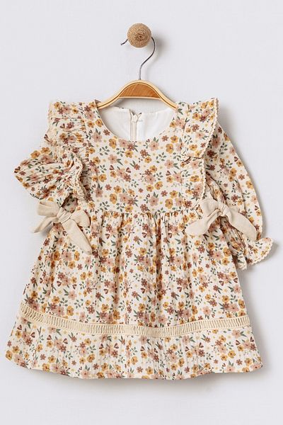 Bebüş Cotton Fabric Lined Side Lace Detail Flared Cutout Floral Print Baby Girl Dress 15717