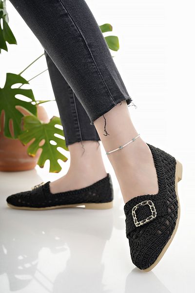 Modafırsat Women's Ballerinas Black Straw Knitted Lace Mesh Knitwear Stylish Home Business Office Daily Shoes