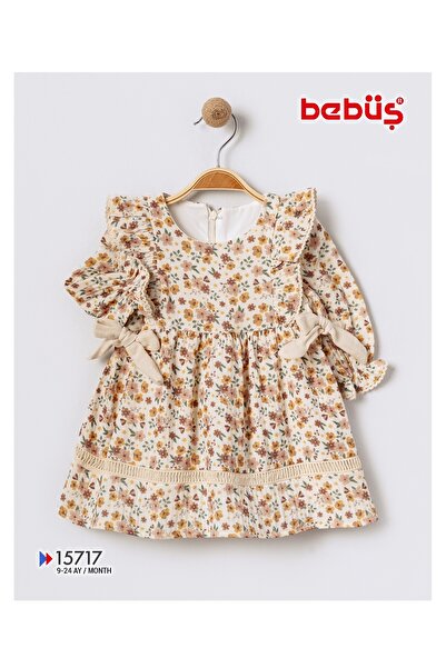 Bebüş Cotton Fabric Lined Side Lace Detail Flared Cutout Floral Print Baby Girl Dress 15717