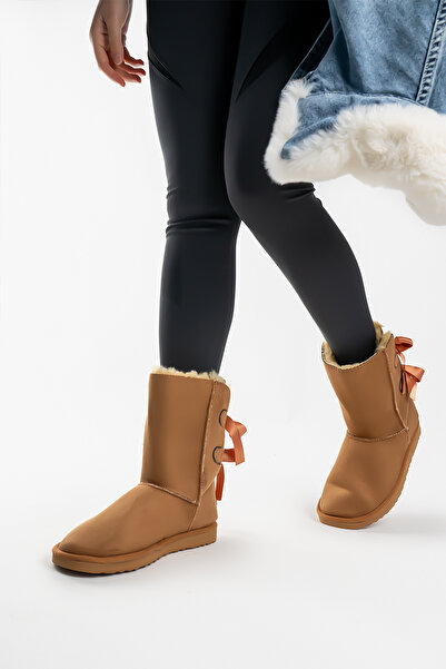 Shupe Kadın Taba Tarçın Süet Bot Kurdeleli Orta Boy Içi Kürklü Kışlık Taban
