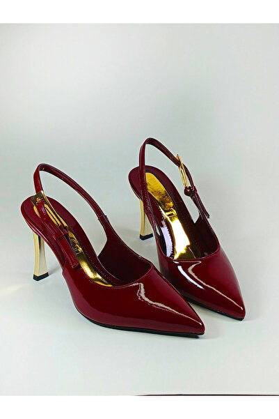 Everest Kadın Steletto Altın Topuk Bordo Rugan Uzun Toka Arkası Açık