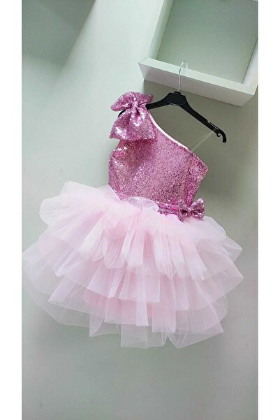 babysmile Tek omuz pembe kız çocuk elbisesi