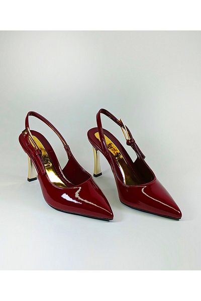 Everest Women's Steletto Gold Heel Burgundy Patent Leather Long Buckle Open Back