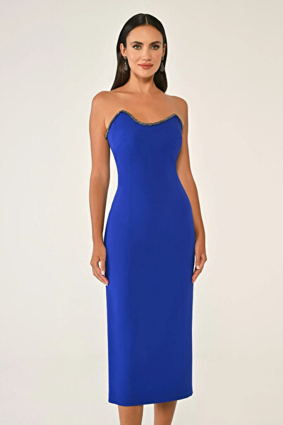 ALFABETA KADIN ABİYE STRAPLEZ TAŞ AKSESUARLI MİDİ BOY ŞIK ELBİSE