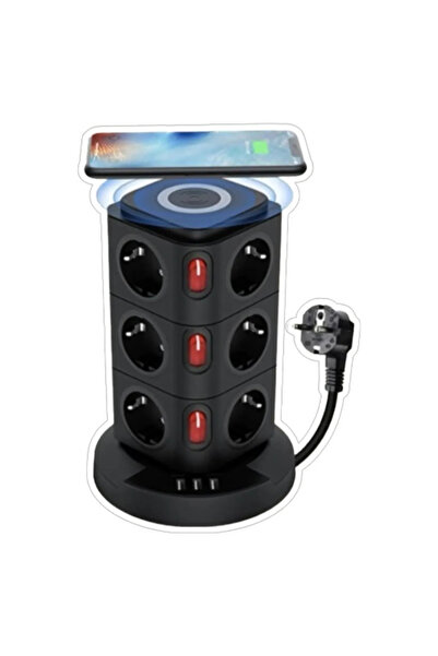 Yellowtech Akıllı Wireless Kule Priz | 12 Prizli Şarj İstasyonu | 1 USB + 2 Type-C + Kablosuz Şarj