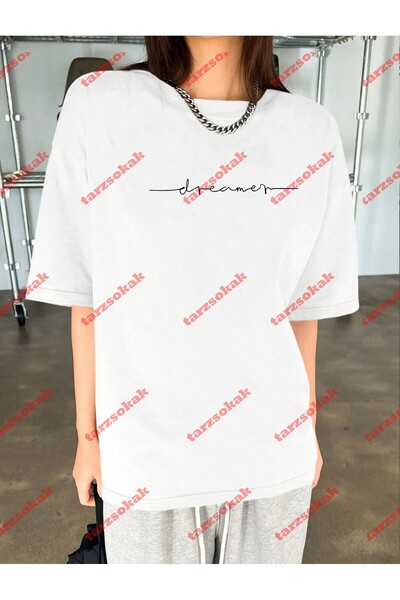 Tarzsokak Tricou oversize cu decolteu rotund cu imprimeu Dreamer alb