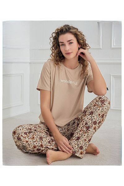 Mihra Marla 30102 Brown Short Sleeve Bottom Long Pijamas Suit