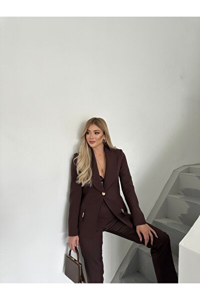 HOEK Kadın kahverengi Gold Detay Blazer Ceket Pantolon Takım Elbise