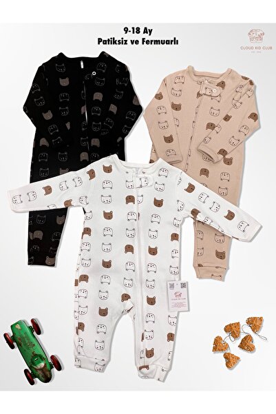 cloudkidclub Luxry Ayıcık %100 Pamuk 3'lü Bebek Tulum 0-18 Ay (UNİSEX)