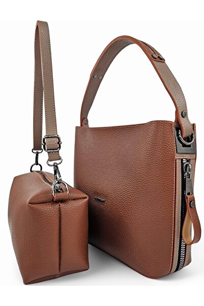 Evident Tan & Mink Zipper Detailed Women's Shoulder Bag with Puppy
