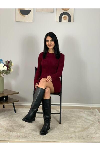 Chordi Kadın Mini Fitilli Kışlık Triko Elbise (Bordo)