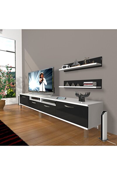 Decoraktiv Eko 220r Mdf Krom Ayaklı Tv Ünitesi Tv Sehpası - Beyaz - Siyah