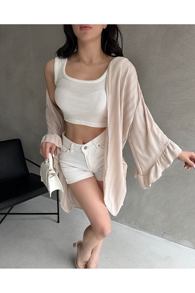 Fav Style Women's Beige Sleeve Spring Cardigan Flounce Three Quarter Sleeves