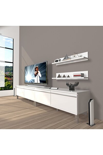 Decoraktiv Eko 220t Mdf Krom Ayaklı Tv Ünitesi Tv Sehpası - Parlak Beyaz