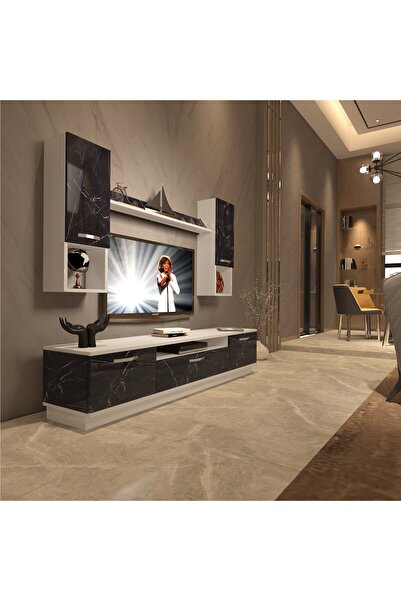 Decoraktiv Trendstyle 5da Mdf Tv Ünitesi Tv Sehpası - Beyaz - Siyah Mermer