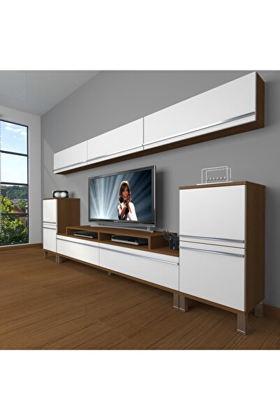 Decoraktiv Ekoflex 9 Mdf Krom Ayaklı Tv Ünitesi Tv Sehpası - Ceviz - Beyaz